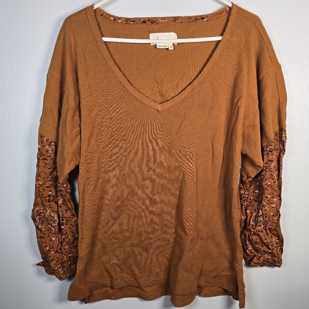 Anthropologie Annette Rust Waffle-knit Top  Floral Print Sleeves Size XS  V-Neck